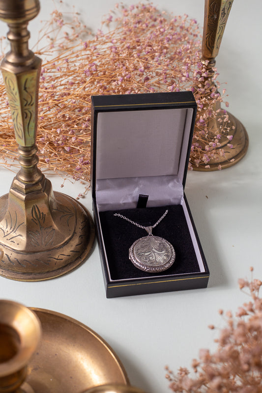 Large Round Engraved Locket on chain in box