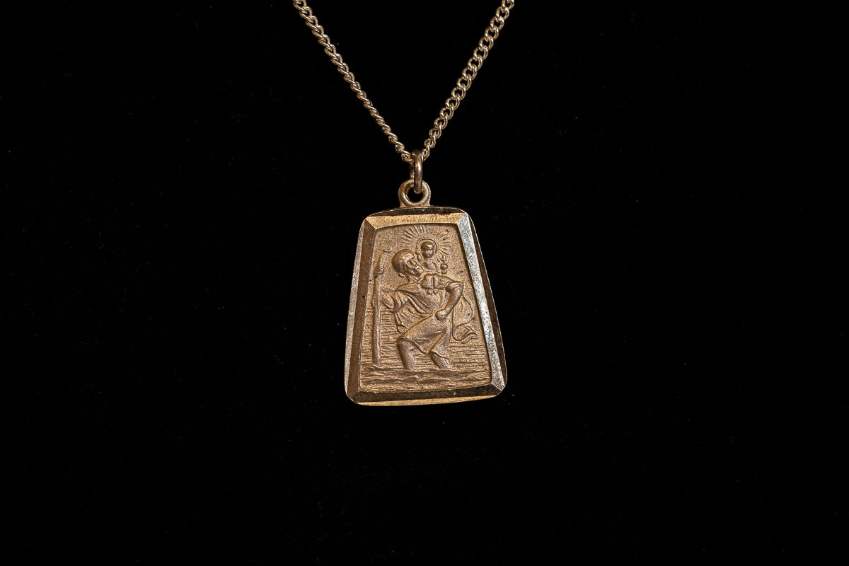 Rectangular sterling silver Saint Christopher necklace.