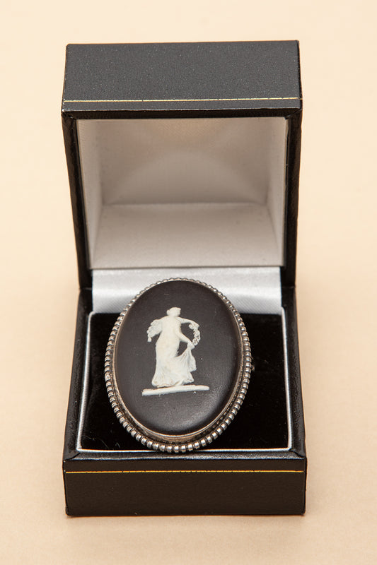 Black Wedgwood Jasperwear brooch featuring a cameo of a Nymph