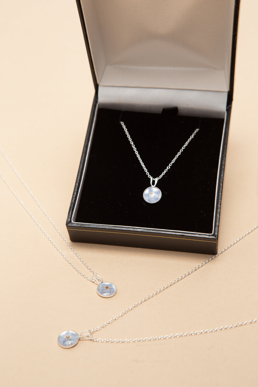 Small sterling silver necklace containing a real forget me not.